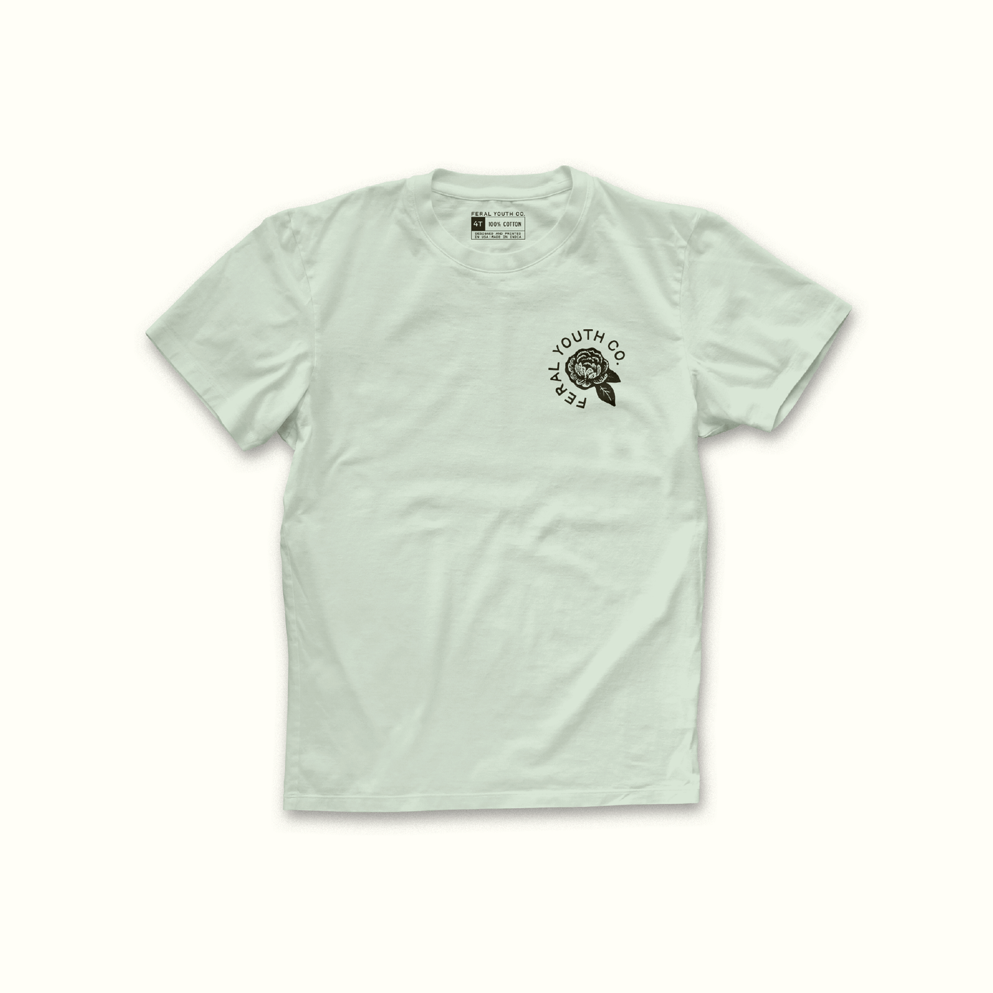 feral youth co pocket text on front side of shirt