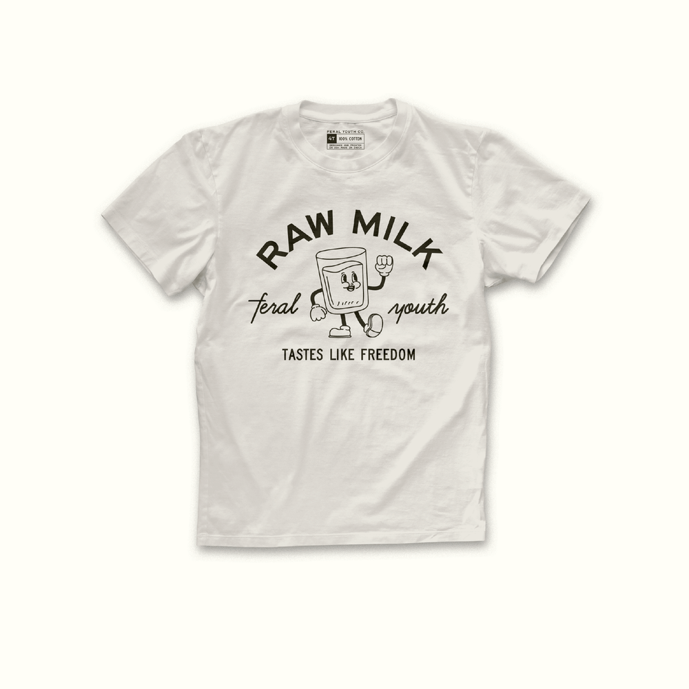 raw milk text banner on top, below feral youth split by a glass of milk with an ice cube, and below text tastes like freedom