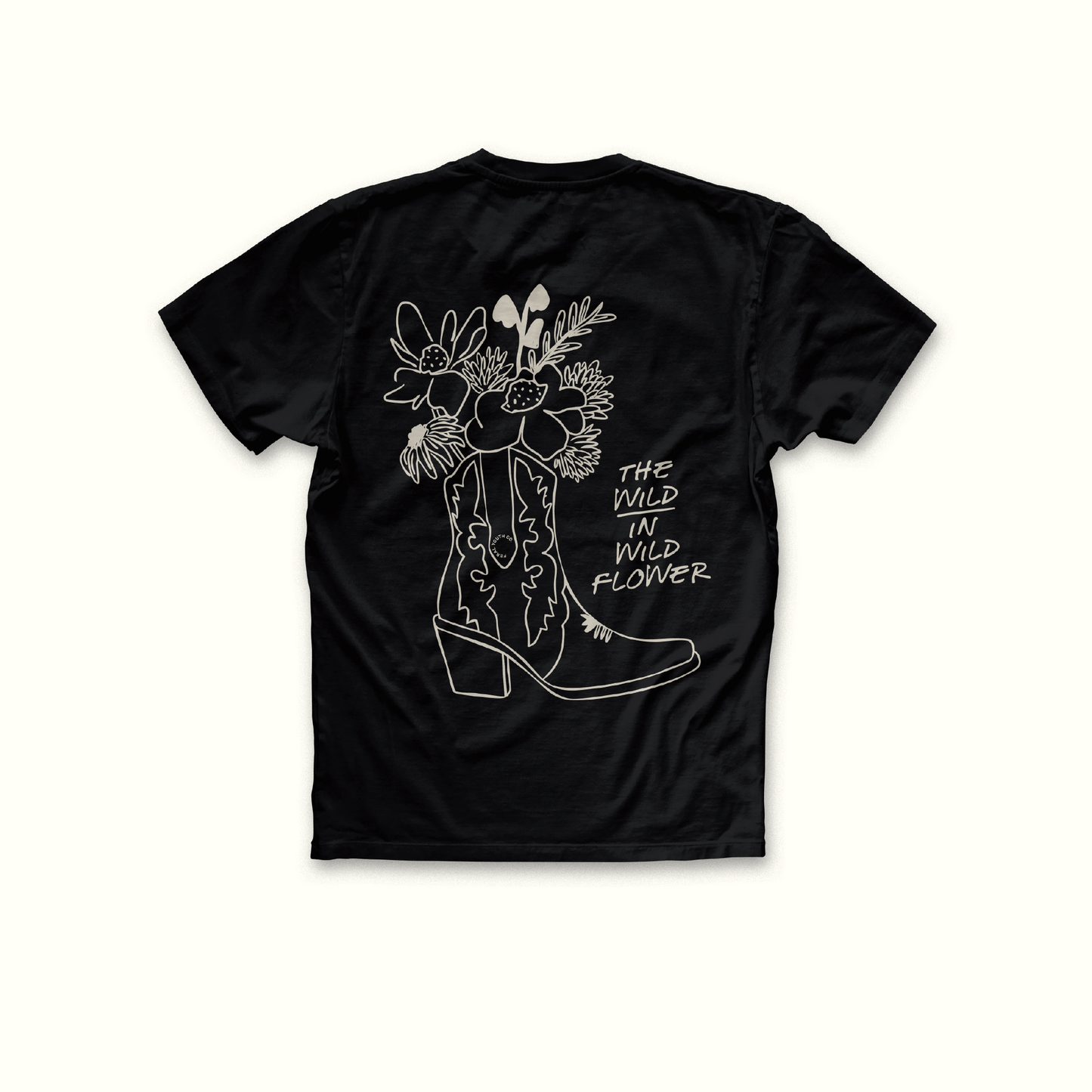 cowgirl boot with flowers inside and text the wild in wildflower to right hand side 