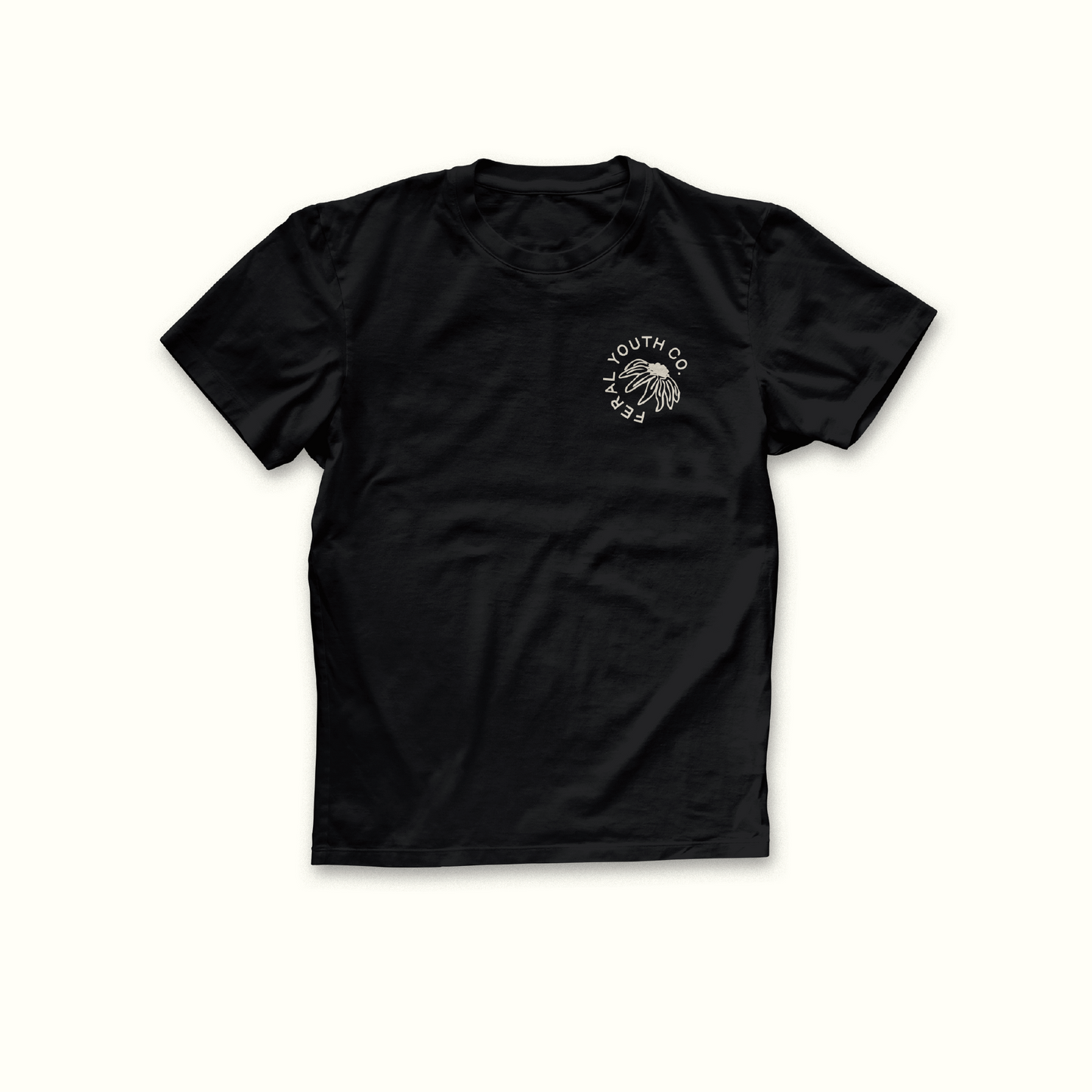 feral youth co pocket text on front side of shirt
